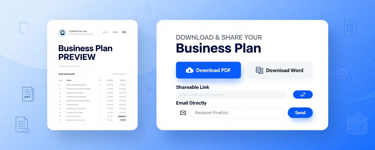 Export options showing PDF, Word, and PowerPoint format downloads for business plan presentations